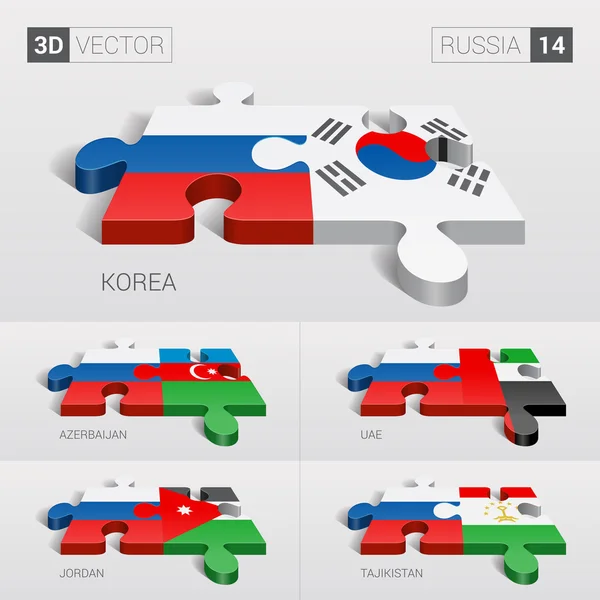 Russia and Korea, Azerbaijan, UAE, Jordan, Tajikistan Flag. 3d vector puzzle. Set 14. — 스톡 벡터