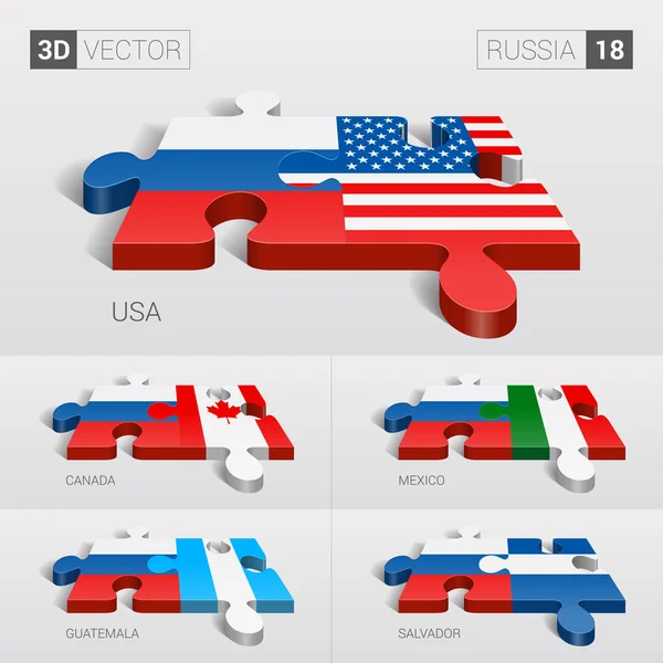 Russia and USA, Canada, Mexico, Guatemala, Salvador Flag. 3d vector puzzle. Set 18.