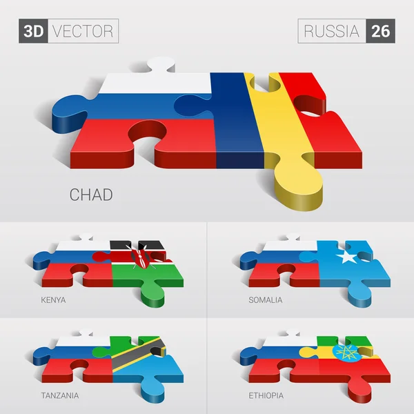 Russia e Ciad, Kenya, Somalia, Tanzania, Etiopia Bandiera. Puzzle vettoriale 3d. Set 26 . — Vettoriale Stock