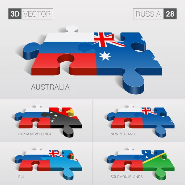 Bandera de Rusia y Australia, Papúa Nueva Guinea, Nueva Zelanda, Fiyi, Islas Salomón. rompecabezas vector 3d. Set 28 . — Vector de stock