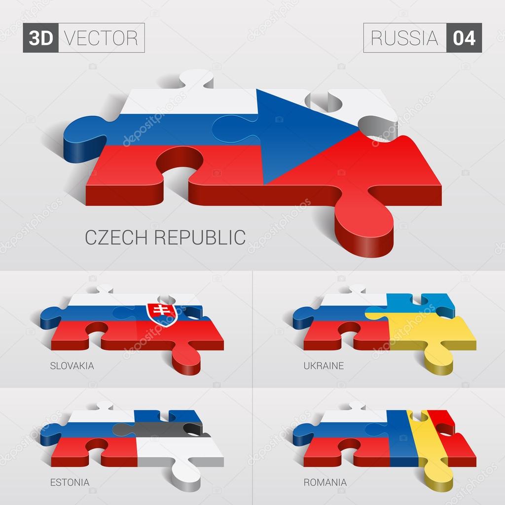 Russia and Czech, Slovakia, Ukraine, Estonia, Romania Flag. 3d vector puzzle. Set 04.