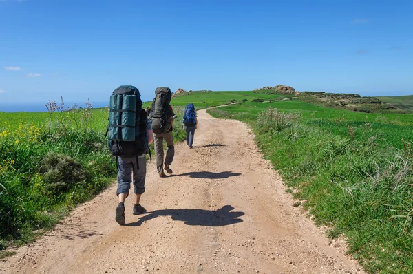 Família com grandes mochilas estão no mar de estrada — Fotografia de Stock