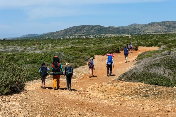 Grupo de turistas con grandes mochilas están en el mar de carretera — Foto de Stock