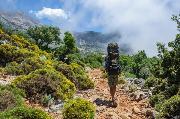 Tourist walking along the trail in mountains — Stock Photo, Image