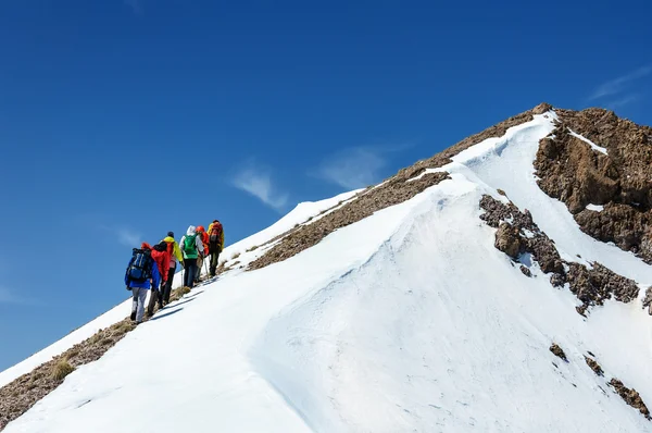 Grup dağcı Erciyes Volkanı tepesinden aşağı gider.