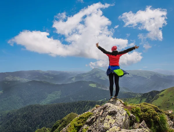Manzaraya bir dağın tepesinden seyir kız — Stok fotoğraf