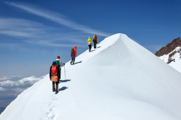 Group climbers goes down from the top of Erciyes volcano. Royalty Free Stock Photos