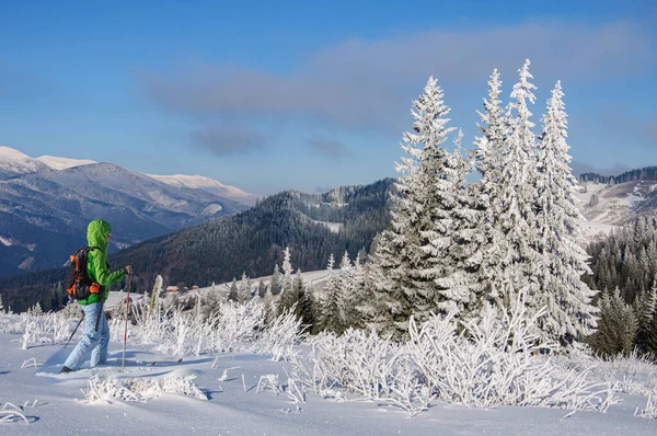Sport Meisje Lichte Kleren Skiën Besneeuwde Karpaten Bergen — Stockfoto