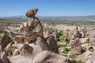 Beautiful view of the valley in Cappadocia with stone mushrooms. Turkey