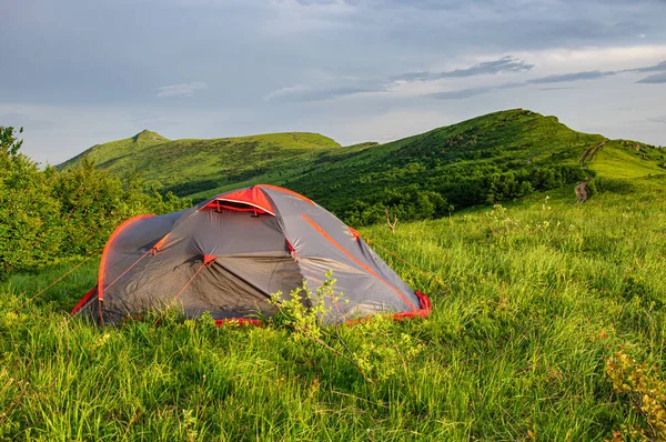 Large Gray Tent Stands Green Slope Foot Mountains Carpathians Ukraine ストック写真