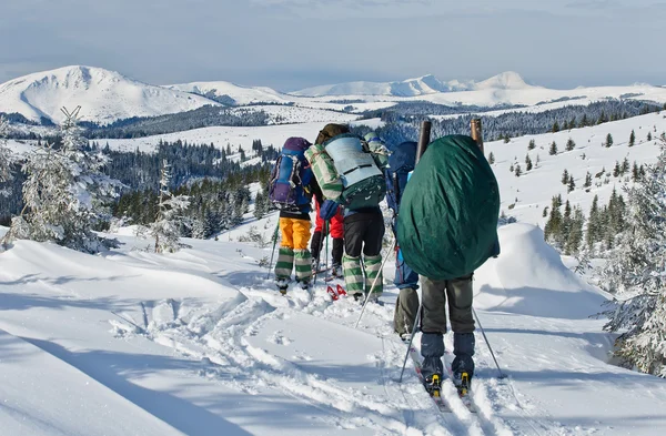 Группа лыжников поднимается в гору — стоковое фото