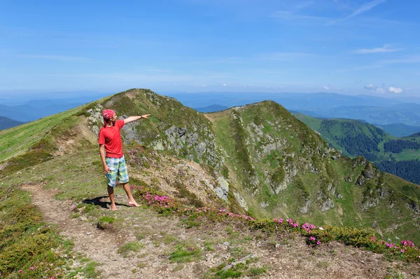 Trekker walking flowers field in mountain — Stock Photo, Image