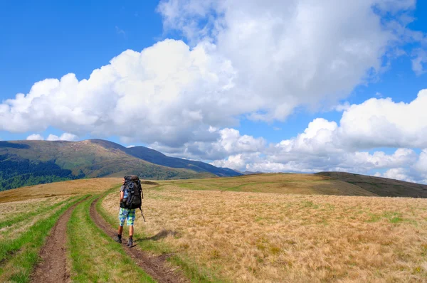 Trekker walking on mountain — Stock Photo, Image