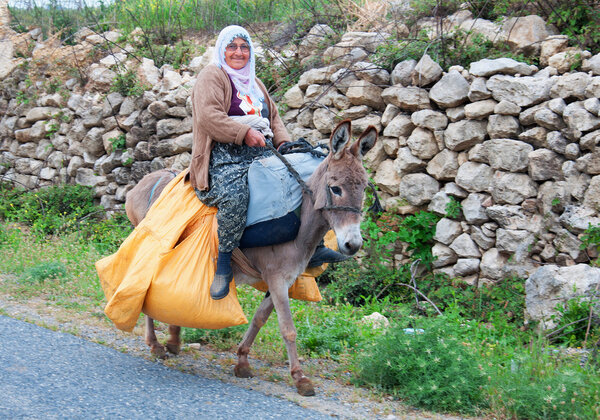 Olderly woman carries yellow bags on a donkey