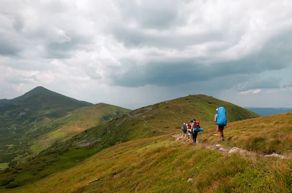 Group of tourists with large backpacks are on mountain — Stock Photo, Image