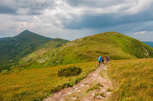 Group of tourists with large backpacks are on mountain — Stock Photo, Image