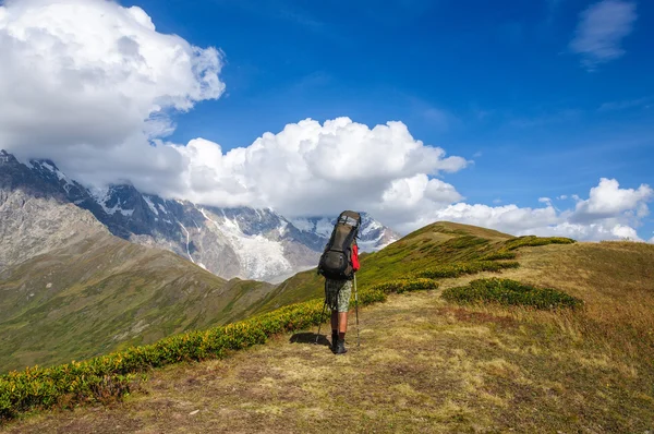 Junge Touristen ruhen auf dem Gipfel mit Blick auf das Tal — Stockfoto