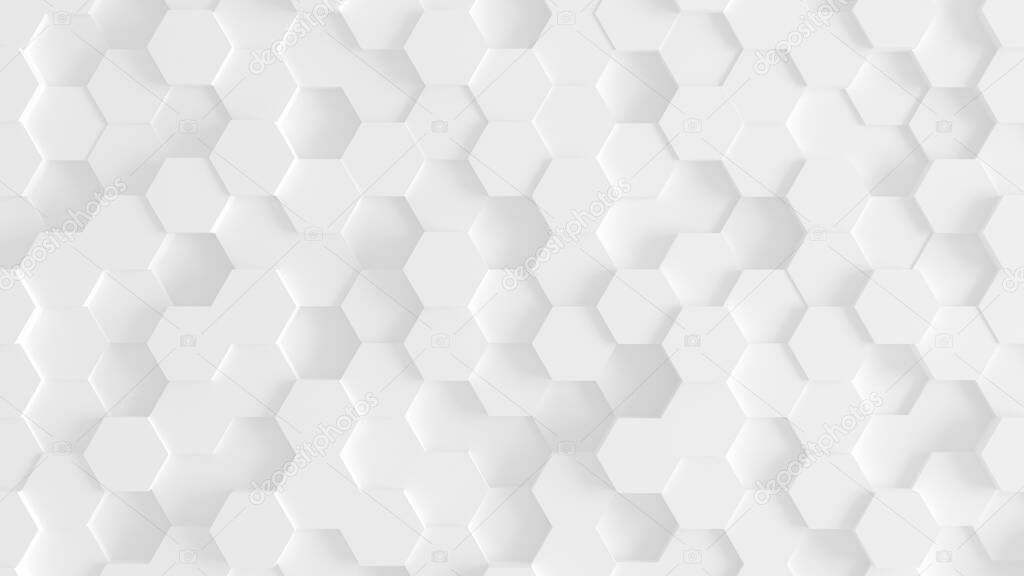 Abstract geometric background. Texture of white shapes of hexagon elements with shadows. Hexagonal 3d render backdrop. Repeating polygonal objects. Stylish decorative wallpaper concept rendering.