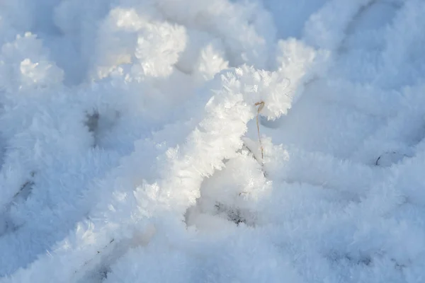 霜の背景のテクスチャ 雪の結晶やマウンドと新鮮な氷と雪の冬の背景 季節の壁紙 凍結水の幾何学的な形状や図 寒い大気中の降水量 — ストック写真