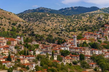 Yunanistan 'ın Arcadia kentindeki Dimitsana dağ köyündeki ünlü saat kulesine sahip geleneksel mimari