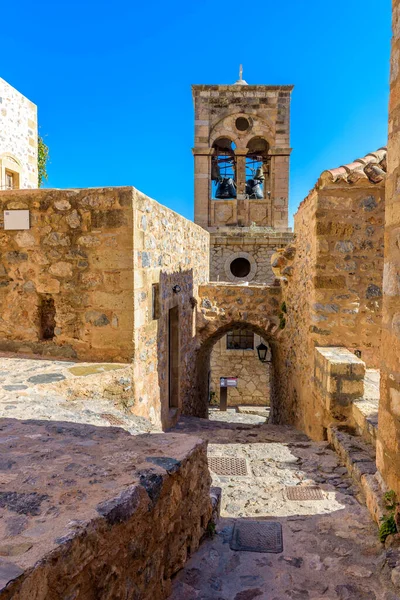希腊伯罗奔尼撒 拉科尼亚 莫内马西亚中世纪城堡正方形的Elcomenos Christos钟塔的传统建筑 — 图库照片