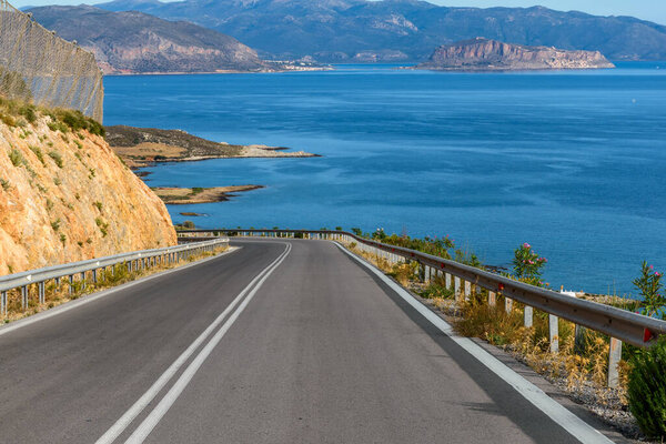 View of the road leading to the fortified medieval  town of Monemvasia, Peloponesse, Greece