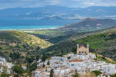 Yunanistan 'ın Paros Adası' ndaki geleneksel köy olan Agia Triada 'da Cycladitic beyazlatılmış evleri ve kristian kilisesi ile geleneksel mimari