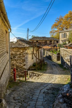 Epirus Zagori 'deki Mikro papigo' nun pitoresk köyünde sonbahar mevsiminde bir taş sokakta geleneksel mimarlık.
