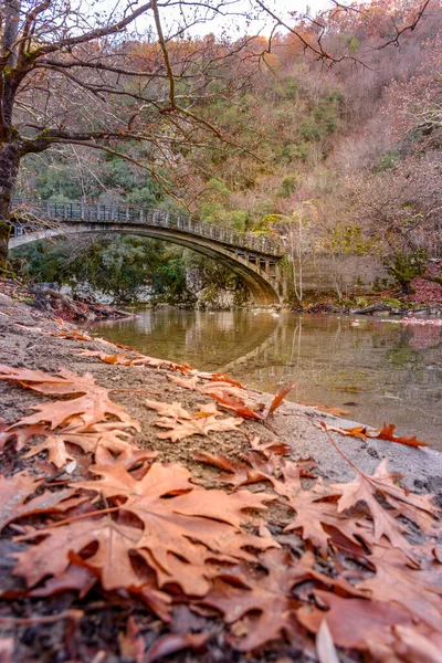 Paesaggio Autunno Fiume Voidomatis Con Acque Limpide Famose Ponte Come — Foto Stock