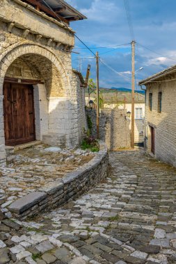 Dar sokak ve taş binalarla geleneksel mimari Vitsa köyü merkezi Zagori Yunanistan 'da