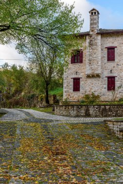 Epirus zagori Yunanistan 'ın aspraggeloi köyünde sonbahar mevsiminde dar bir taş sokakta geleneksel mimari