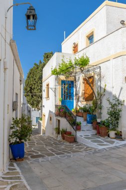 Soldaki Paros Adası 'nda bahar aylarında beyazlatılmış evleri olan geleneksel sokak.