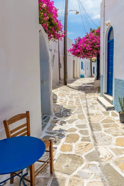 Prodromos Paros Greek岛上的风景如画的小巷 开满了盛开的花 粉刷有蓝色门的传统房屋 鲜花遍地 — 图库照片