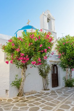 Yunanistan 'ın Parikia Paros adasında, dar bir caddesi, mavi kubbesi ve kulesi olan beyaz boyalı bir kilisesi olan geleneksel Kiklad sokağı.