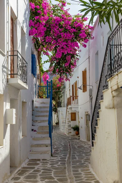 Traditionelle Kykladische Gasse Mit Einer Engen Straße Weiß Getünchten Häusern — Stockfoto