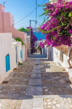 Ermoupolis 'e giden merdivenlerin manzarası Ermoupolis, Syros Adası, Yunanistan' da geleneksel renkli bougainvillea evleriyle
