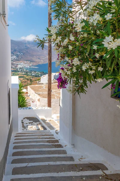 Kilátás Lépcsőn Fehérre Meszelt Házak Aegiali Mint Háttérben Tholaria Amorgos — Stock Fotó