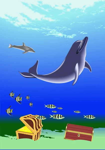 Unterwasser mit Delphinen und Truhen — Stockvektor