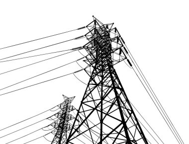 Vektör İllüstrasyonu. Yüksek Voltaj Kuleleri Elektrik İletimi. Satırlar Metne Elektrik Tedarik Ediyor. Pylon, direk ağı, simge. Semboller, sunum ve reklam. planlama Takımı.