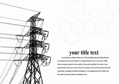 Vektör İllüstrasyonu. Yüksek Voltaj Kuleleri Elektrik İletimi. Satırlar Metne Elektrik Tedarik Ediyor. Pylon, direk ağı, simge. Semboller, sunum ve reklam. planlama Takımı.