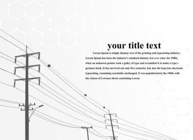 Vektör İllüstrasyonu. Yüksek Voltaj Kuleleri Elektrik İletimi. Satırlar Metne Elektrik Tedarik Ediyor. Pylon, direk ağı, simge. Semboller, sunum ve reklam. planlama Takımı.