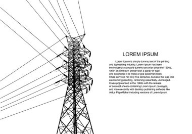 Vektör İllüstrasyonu. Yüksek Voltaj Kuleleri Elektrik İletimi. Satırlar Metne Elektrik Tedarik Ediyor. Pylon, direk ağı, simge. Semboller, sunum ve reklam. planlama Takımı.