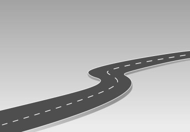 Geleceğe giden yol yolculuğu. Asfalt caddesi beyaz arka planda izole edilmiş. Semboller bitiş noktasının hedefine giden yol. Yol, reklam ve sunum için uygun başarılı iş planlaması anlamına gelir