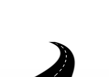 Geleceğe giden yol yolculuğu. Asfalt caddesi beyaz arka planda izole edilmiş. Semboller bitiş noktasının hedefine giden yol. Yol, reklam ve sunum için uygun başarılı iş planlaması anlamına gelir