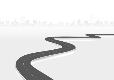 Geleceğe giden yol yolculuğu. Asfalt caddesi beyaz arka planda izole edilmiş. Semboller bitiş noktasının hedefine giden yol. Yol, reklam ve sunum için uygun başarılı iş planlaması anlamına gelir