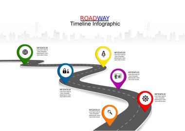 Yolculuk. Vektör çizimi. Asfalt caddesi beyaz arka planda izole edilmiş. Semboller, başarılı iş planlama adımları. İğne imleci simgesi ile GPS konum zaman çizelgesi bilgi şablonu.