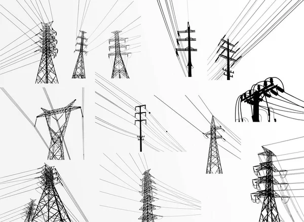 Vektör İllüstrasyonu. Yüksek Voltaj Kuleleri Elektrik İletimi. Satırlar Metne Elektrik Tedarik Ediyor. Pylon, direk ağı, simge. Semboller, sunum ve reklam. planlama Takımı.