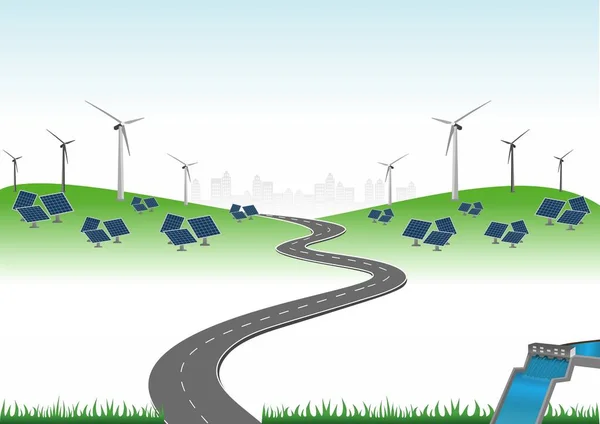 再生可能エネルギー発電システム風力 太陽光 水エネルギーなどの自然からのクリーンエネルギーを利用して電力を生産することができます — ストックベクタ