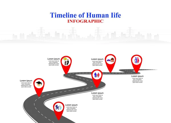 矢量模板信息时间线人类的生活与旗帜和占位符在弯曲的道路上 适合广告和演示的成功商业规划的标志和步骤 — 图库矢量图片