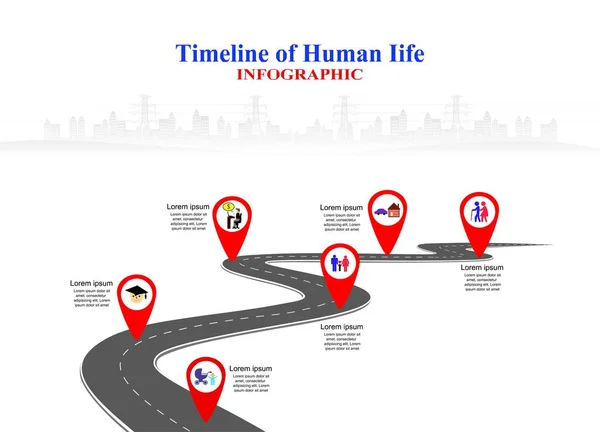 Wektorowy Szablon Infograficzny Linia Życia Człowieka Flagami Miejscami Zakrzywionych Drogach — Wektor stockowy